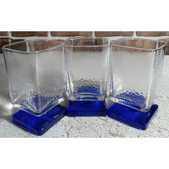 Vintage Cristal D'arques Square Shape Blue Base/ Hammered Clear Glass Set Of 3